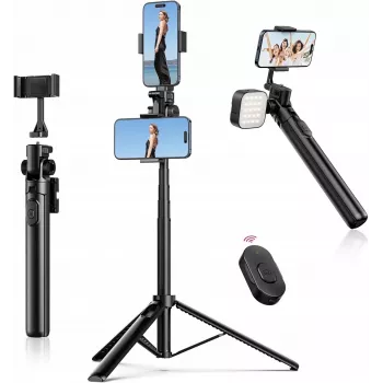 ULANZI MT-70 5 sekcijų aliumininis monopod selfie lazda su trikoju, nuimamu Bluetooth nuotolinio valdymo pulteliu, dviem telefono laikikliais ir 1/4 colio sraigtu, išsiskleidžia iki 880 mm, juoda