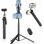 ULANZI MT-70 5 sekcijų aliumininis monopod selfie lazda su trikoju, nuimamu Bluetooth nuotolinio valdymo pulteliu, dviem telefono laikikliais ir 1/4 colio sraigtu, išsiskleidžia iki 880 mm, juoda