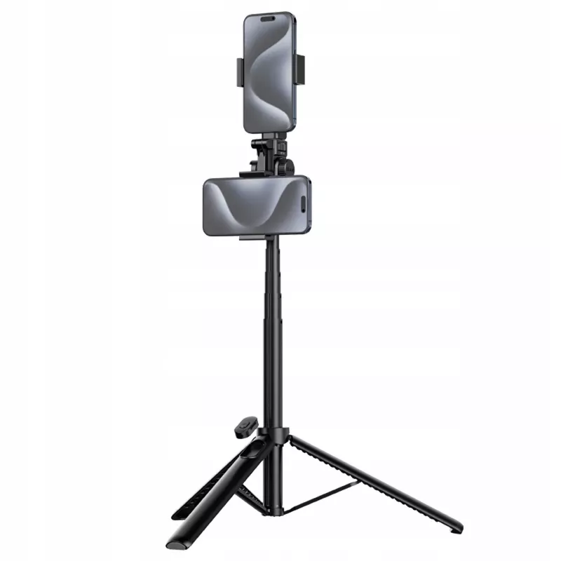 ULANZI MT-70 5 sekcijų aliumininis monopod selfie lazda su trikoju, nuimamu Bluetooth nuotolinio valdymo pulteliu, dviem telefono laikikliais ir 1/4 colio sraigtu, išsiskleidžia iki 880 mm, juoda