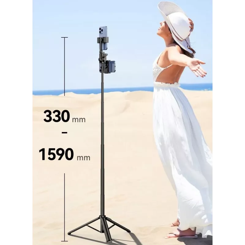 ULANZI MT-70 5 sekcijų aliumininis monopod selfie lazda su trikoju, nuimamu Bluetooth nuotolinio valdymo pulteliu, dviem telefono laikikliais ir 1/4 colio sraigtu, išsiskleidžia iki 880 mm, juoda