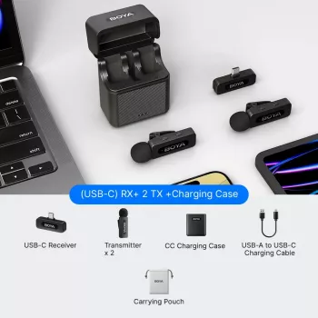 BOYA BY-V30 belaidė lavalier mikrofonų sistema USB-C įrenginiams, 2,4GHz, 50m veikimo atstumas, 9 val. baterija, triukšmo slopinimas, juoda