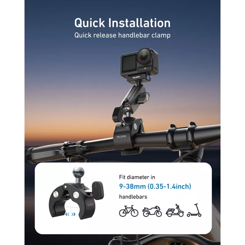 TELESIN Magic Arm Clamp Mount, skirtas DJI Osmo Action 5 Pro/4/3, Osmo 360, GoPro, Insta360 – S3-HBM-14-TDJ