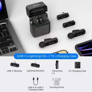 BOYA BY-V3 Combo 2,4 GHz belaidė mikrofonų sistema su 2 siųstuvais ir 2 imtuvais (Lightning ir USB-C) – juoda