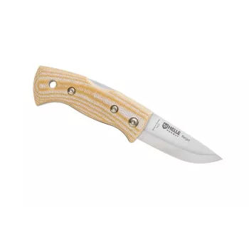 Helle Berget fiksuoto peilio ašmenų peilis, 100 mm Sandvik 12C27 nerūdijančio plieno drop point ašmenys, smėlio spalvos canvas micarta rankena, pilnas tangas, odinė makštis, 220 mm bendras ilgis