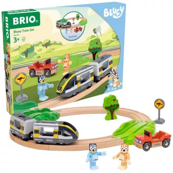 RAVENSBURGER World - Bluey traukinio komplektas | Medinis žaislinis traukinys su Bluey ir Bingo figūrėlėmis | 3 dalys | FSC sertifikatas | Suderinamas su BRIO World