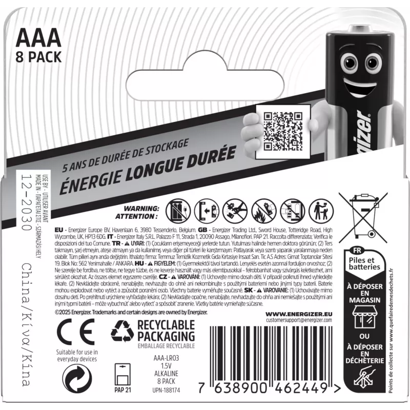 Energizer Everyday AAA/LR03 šarminės baterijos, 8 vnt. pakuotė (DHP8)
