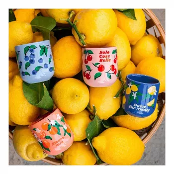Bialetti Fruit Vibes keraminių kavos puodelių rinkinys, 300 ml, įvairiaspalvis, tinka indaplovei ir mikrobangų krosnelei
