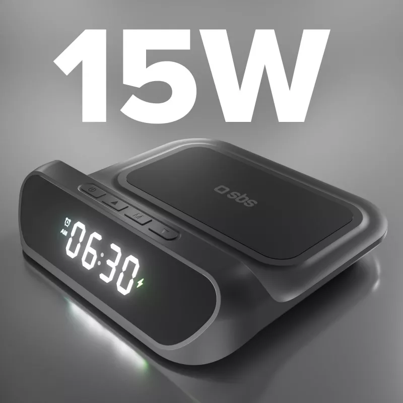SBS TEWIRCLOCK belaidžio įkrovimo žadintuvas su Qi 10W greituoju įkrovimu, LED ekranu, USB-C įvestimi, juodos spalvos