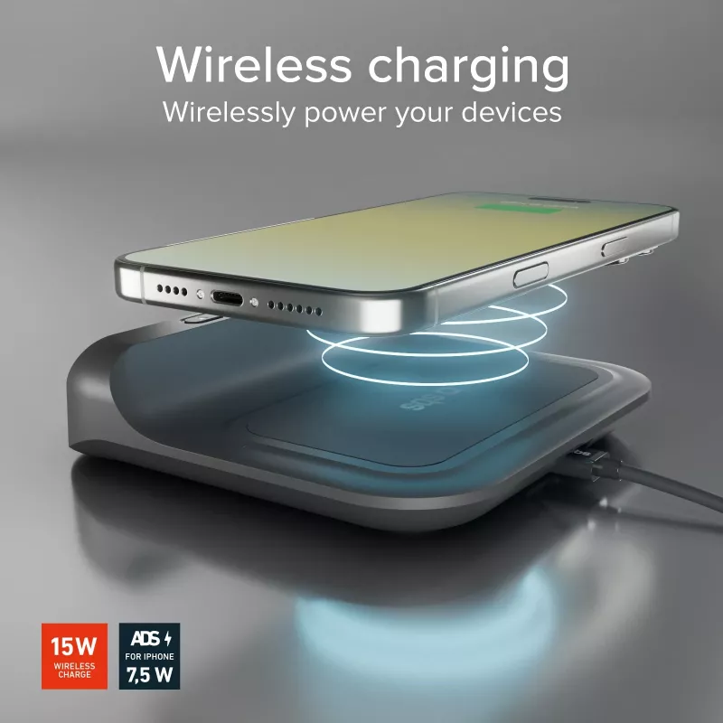 SBS TEWIRCLOCK belaidžio įkrovimo žadintuvas su Qi 10W greituoju įkrovimu, LED ekranu, USB-C įvestimi, juodos spalvos