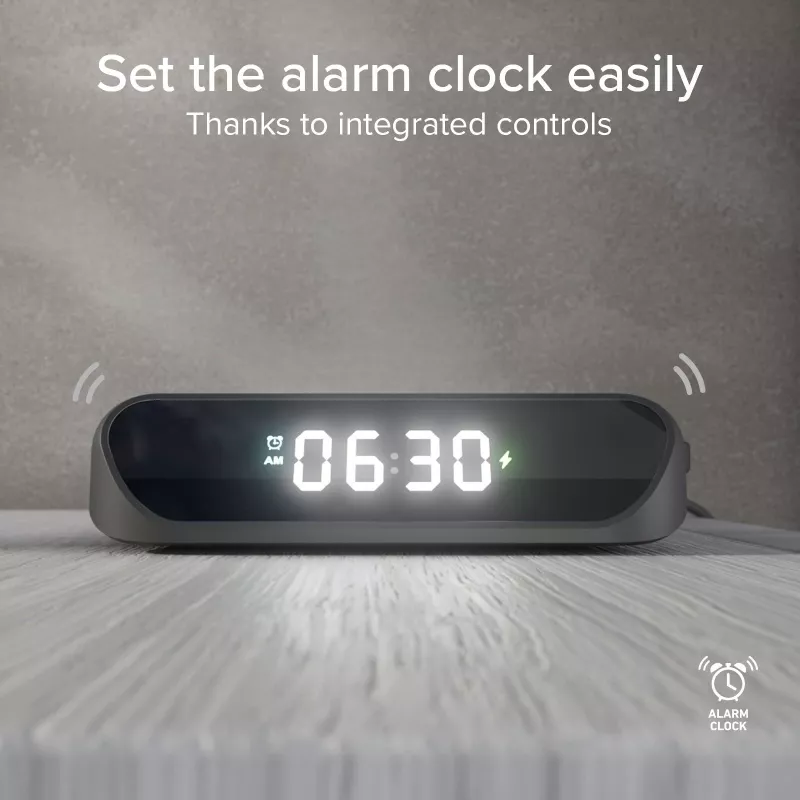 SBS TEWIRCLOCK belaidžio įkrovimo žadintuvas su Qi 10W greituoju įkrovimu, LED ekranu, USB-C įvestimi, juodos spalvos