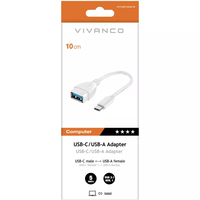 Vivanco USB-C – USB-A 3.0 adapteris 10 cm, baltas (VVITUSBTY3FM01W)