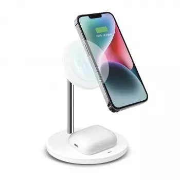 SBS TEWIRMAG2IN1 2-in-1 magnetinis belaidžio įkrovimo stovas, skirtas iPhone ir Apple Watch, 15W MagSafe Qi įkroviklis, USB-C įvestis, juodos spalvos