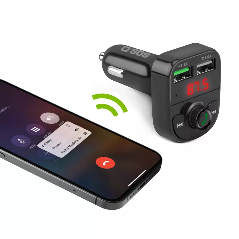 SBS TECARFM2USB Bluetooth FM siųstuvas su laisvų rankų įranga ir dvigubu USB įkrovimu