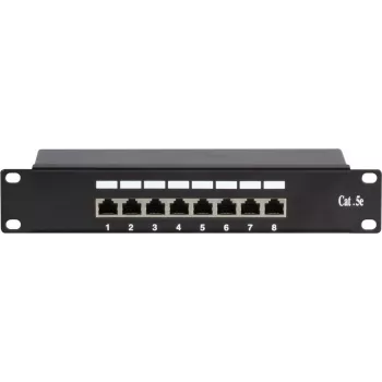 DSIT DS-10Patch5-8FTP 10 colių 8 prievadų FTP CAT 5e skirstymo panelė, 1U montavimui į stelažą, ekranuota RJ45, LSA+ IDC, juoda