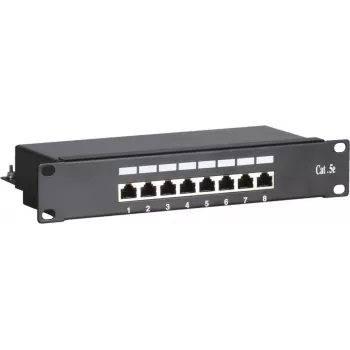 DSIT DS-10Patch5-8FTP 10 colių 8 prievadų FTP CAT 5e skirstymo panelė, 1U montavimui į stelažą, ekranuota RJ45, LSA+ IDC, juoda