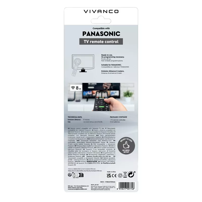 Vivanco VVREMOTEPANA universali nuotolinio valdymo pultas Panasonic televizoriams – iš anksto užprogramuotas, IR, juodos spalvos