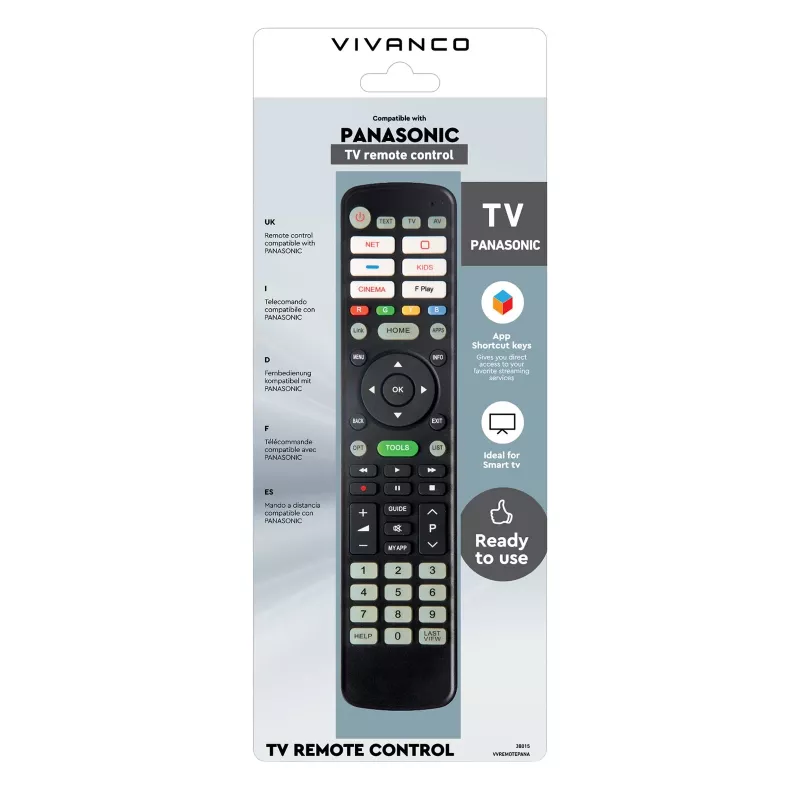 Vivanco VVREMOTEPANA universali nuotolinio valdymo pultas Panasonic televizoriams – iš anksto užprogramuotas, IR, juodos spalvos