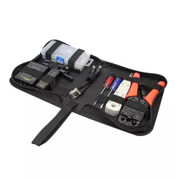 DSIT DC-TOOLSET-PRO profesionalus tinklo įrankių rinkinys su presavimo replėmis, testeriu, punch down įrankiu, replėmis, atsuktuvais, jungtimis ir užtrauktuku uždaru dėklu