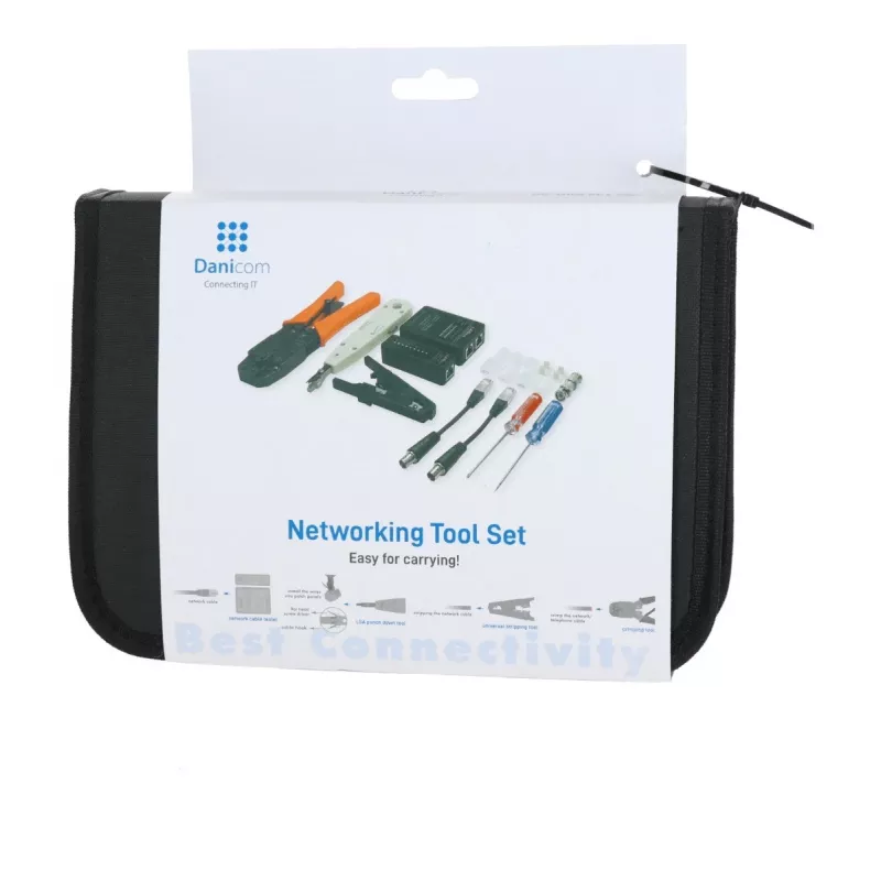 DSIT DC-TOOLSET-PRO profesionalus tinklo įrankių rinkinys su presavimo replėmis, testeriu, punch down įrankiu, replėmis, atsuktuvais, jungtimis ir užtrauktuku uždaru dėklu