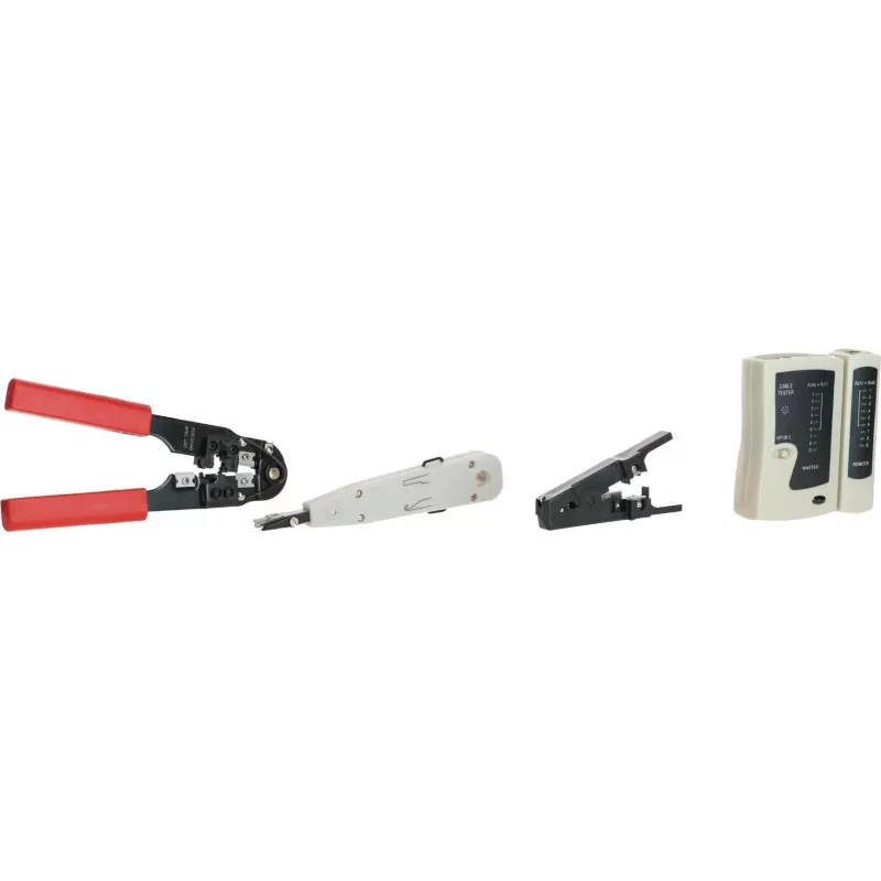 DSIT 9 dalių tinklo įrengimo ir remonto įrankių rinkinys su RJ45 presavimo replėmis, kabelių testeriu, punch down įrankiu ir užtrauktuku užsegamu dėklu (DC-TOOLSET)