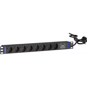 DSIT DS-8PDU-SPD 19 colių Rack montuojamas maitinimo skirstytuvas su apsauga nuo viršįtampių, 8 lizdai, 2 m laidas, 16A, 1U, juodos spalvos