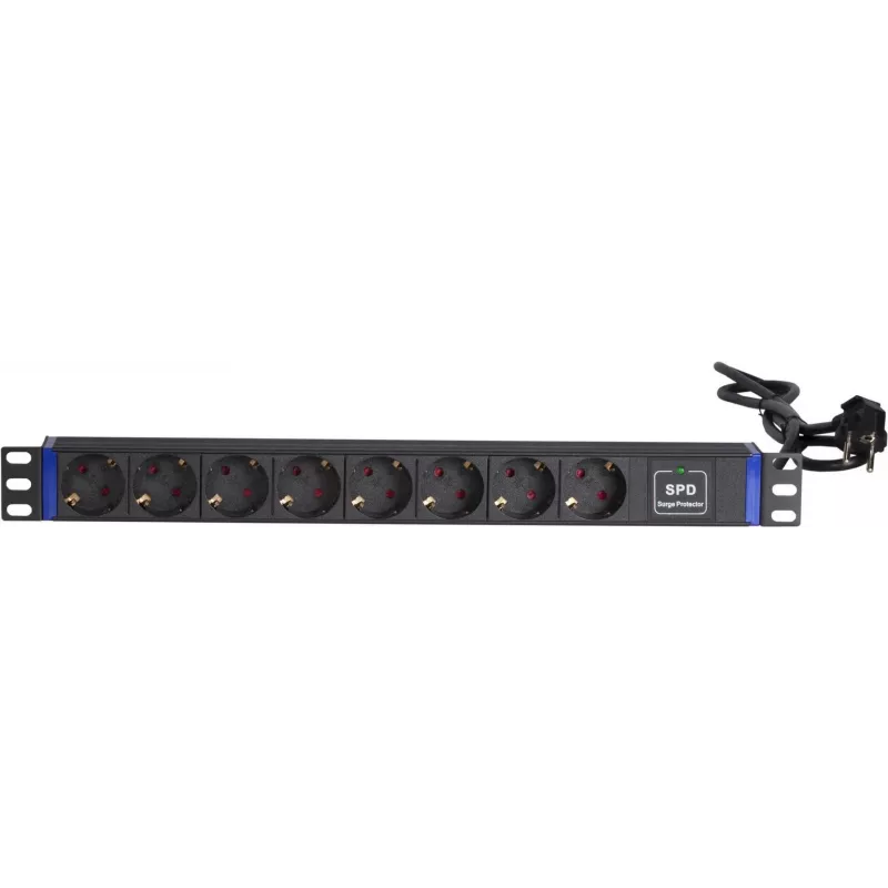 DSIT DS-8PDU-SPD 19 colių Rack montuojamas maitinimo skirstytuvas su apsauga nuo viršįtampių, 8 lizdai, 2 m laidas, 16A, 1U, juodos spalvos