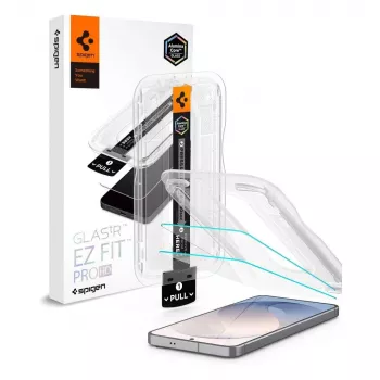 Spigen Glas.tR EZ Fit Pro AC 2 vnt. grūdinto stiklo ekrano apsauga Samsung Galaxy S26 FE - skaidri, 9H kietumas, automatinio lygiavimo padėklas