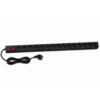DSIT DS-15PDU 15 lizdų vertikalus stovo maitinimo skirstytuvas, 230V 16A, Schuko lizdai, 2m laidas, juodos spalvos