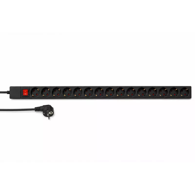 DSIT DS-15PDU 15 lizdų vertikalus stovo maitinimo skirstytuvas, 230V 16A, Schuko lizdai, 2m laidas, juodos spalvos