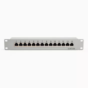 DSIT 10 colių 12 prievadų Cat5e STP skydinė lizdų plokštė – 1U montavimui į stelažą, ekranuota RJ45, juoda