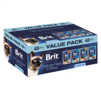 Brit Delicate Fillets padaže suaugusioms katėms - 48x85g rinkinys (vištiena, jautiena, kalakutiena, lašiša)
