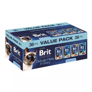 Brit Delicate Fillets in Gravy suaugusių kačių mitybai - įvairi mėsa ir žuvis, 36 x 85 g pakeliai