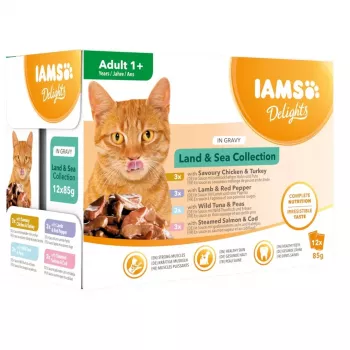 EUKANUBA IAMS DELIGHTS Land & Sea Collection šlapias kačių maistas su padažu – 12x85g paketėliai (lašiša ir menkė, vištiena ir kalakutiena, ėriena ir raudonieji pipirai)