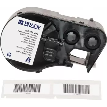 Brady FreezerBondz poliesterio etiketės 15,24 x 45,72 mm, juoda ant baltos, nuolatiniai klijai (180 etikečių/ritinyje)