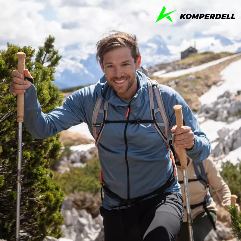 Komperdell Explorer Zero Cork teleskopinės trekingo lazdos, 3 dalių aliuminis 7075-T6, Powerlock 3.0, kamštinė rankena, keičiami Vario ratukai