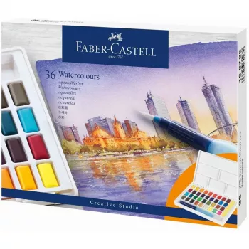 Faber-Castell Creative Studio akvarelės dažų rinkinys, 36 spalvų kietose tabletėse su teptuku ir kempinėle, maišymo paletė dangtelyje, studentų kokybės, skaidrūs, papildomi, nešiojamas plastikinis dėklas