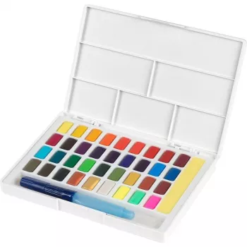 Faber-Castell Creative Studio akvarelės dažų rinkinys, 36 spalvų kietose tabletėse su teptuku ir kempinėle, maišymo paletė dangtelyje, studentų kokybės, skaidrūs, papildomi, nešiojamas plastikinis dėklas