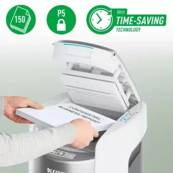 Leitz IQ Optimax AutoFeed 150 mikro pjovimo dokumentų smulkintuvas P-5, 150 lapų automatiniu padavimu, 26 l talpos krepšys, juodos spalvos