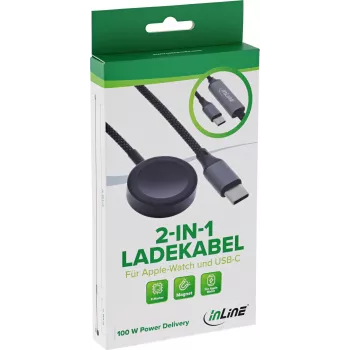 InLine® 2-in-1 įkrovimo laidas, skirtas Apple Watch ir USB-C, 100 W, USB 2.0, 1,2 m