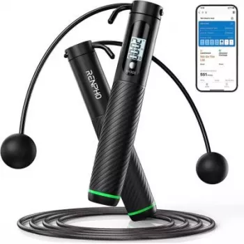 RENPHO Smart Jump Rope 2-in-1 R-Q008, Bluetooth 5.0, belaidžiu ir su virve režimais, LED ekranu, reguliuojamo ilgio, įkraunamas per USB-C, juodos spalvos