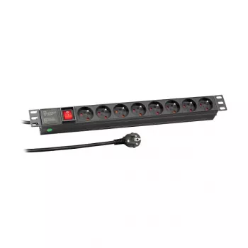 EFB Elektronik 19 inch 1U Rackmontuojamas PDU, 8 prancūziškų lizdų, CEE 7/7 kištukas, 16A, juodos spalvos
