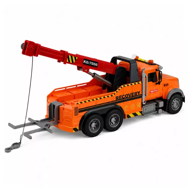 LEAN TOYS vilkikas su kranu, kelių pagalbos automobilis, su kabliu, šviesomis ir garsais, oranžinis, 1:18