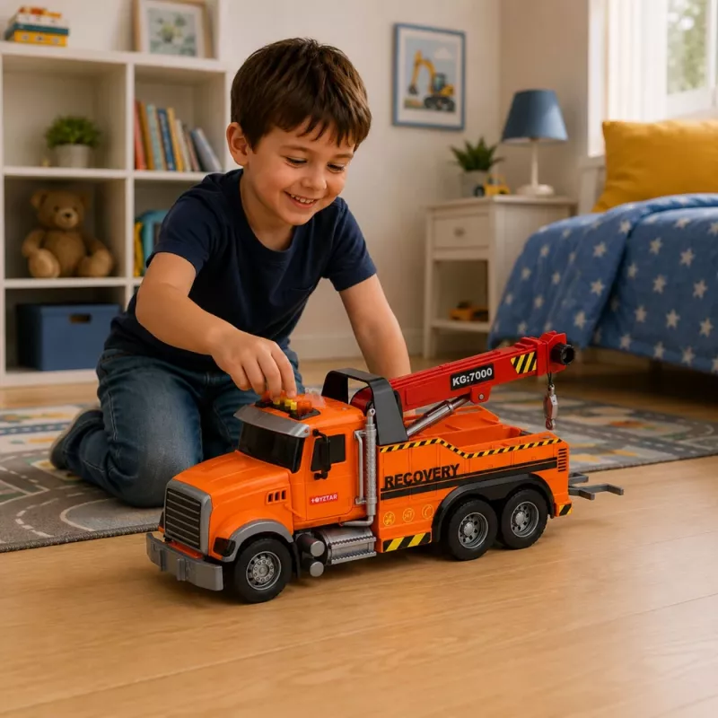 LEAN TOYS vilkikas su kranu, kelių pagalbos automobilis, su kabliu, šviesomis ir garsais, oranžinis, 1:18