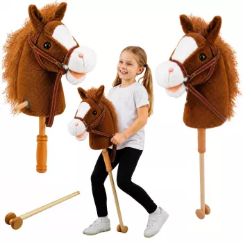 LEAN TOYS Hobby Horse arklys su kanopų dundėjimo ir žvengimo garsais, rudas, 100 cm