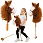LEAN TOYS Hobby Horse arklys su kanopų dundėjimo ir žvengimo garsais, rudas, 100 cm