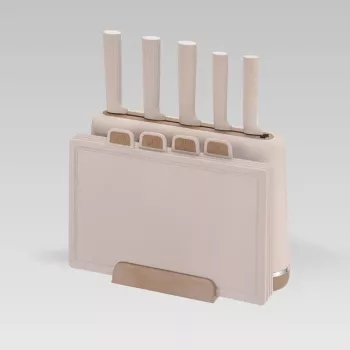 MEO MR-1412-BEIGE MAESTRO peilių rinkinys su pjaustymo lentelėmis ir stovu, 5 peiliai, 2 lentelės, smėlio spalvos