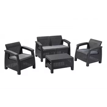 KETER Corfu sodo baldų rinkinys, pilkas – 4 vietų sofa, 2 foteliai, kavos staliukas