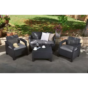 KETER Corfu sodo baldų rinkinys, pilkas – 4 vietų sofa, 2 foteliai, kavos staliukas