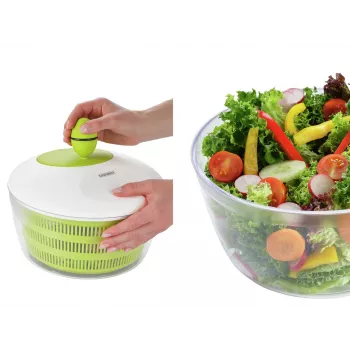 LEIFHEIT Salad Dryer Trend 4,5 l salotų džiovintuvas su rankiniu sukimu ir serviravimo dubeniu, žaliu dangteliu