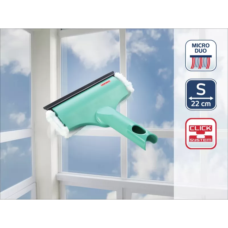 LEIFHEIT Window & Frame Cleaner 3in1 Mini micro duo - 20 cm mikrofilo galvutė su integruotu valytuvu, suderinama su Click System